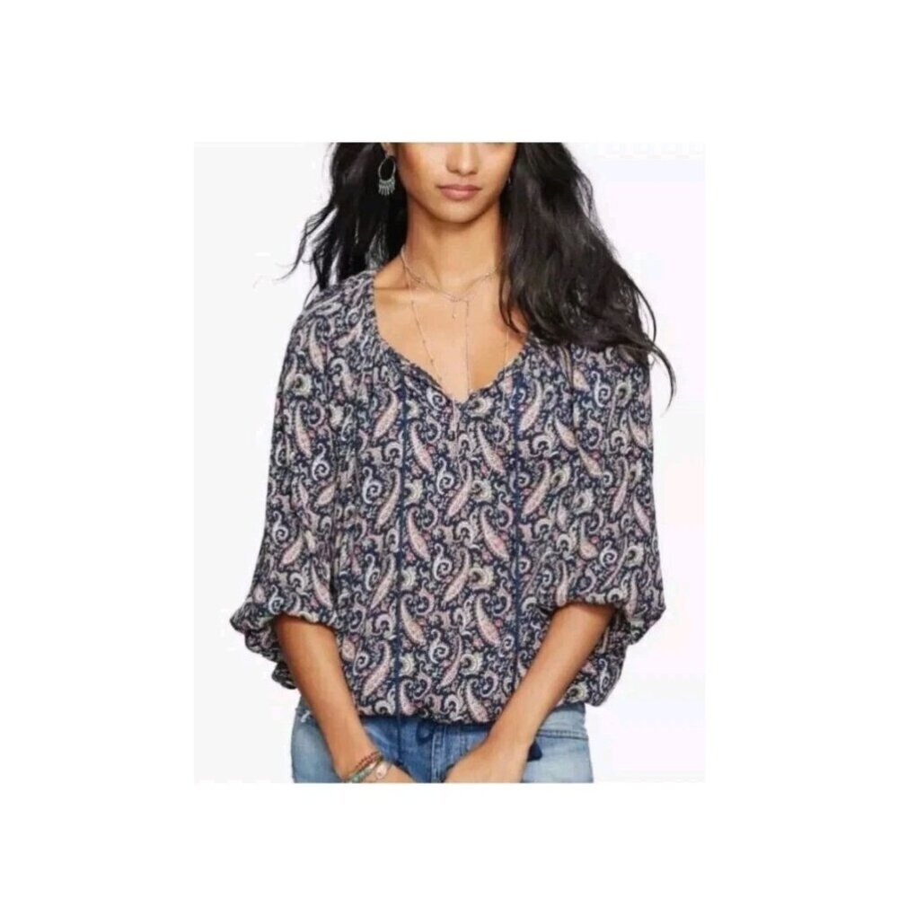 Ralph Lauren Denim & Supply Boho Top Size Medium Blouse Blue Paisley Tassel